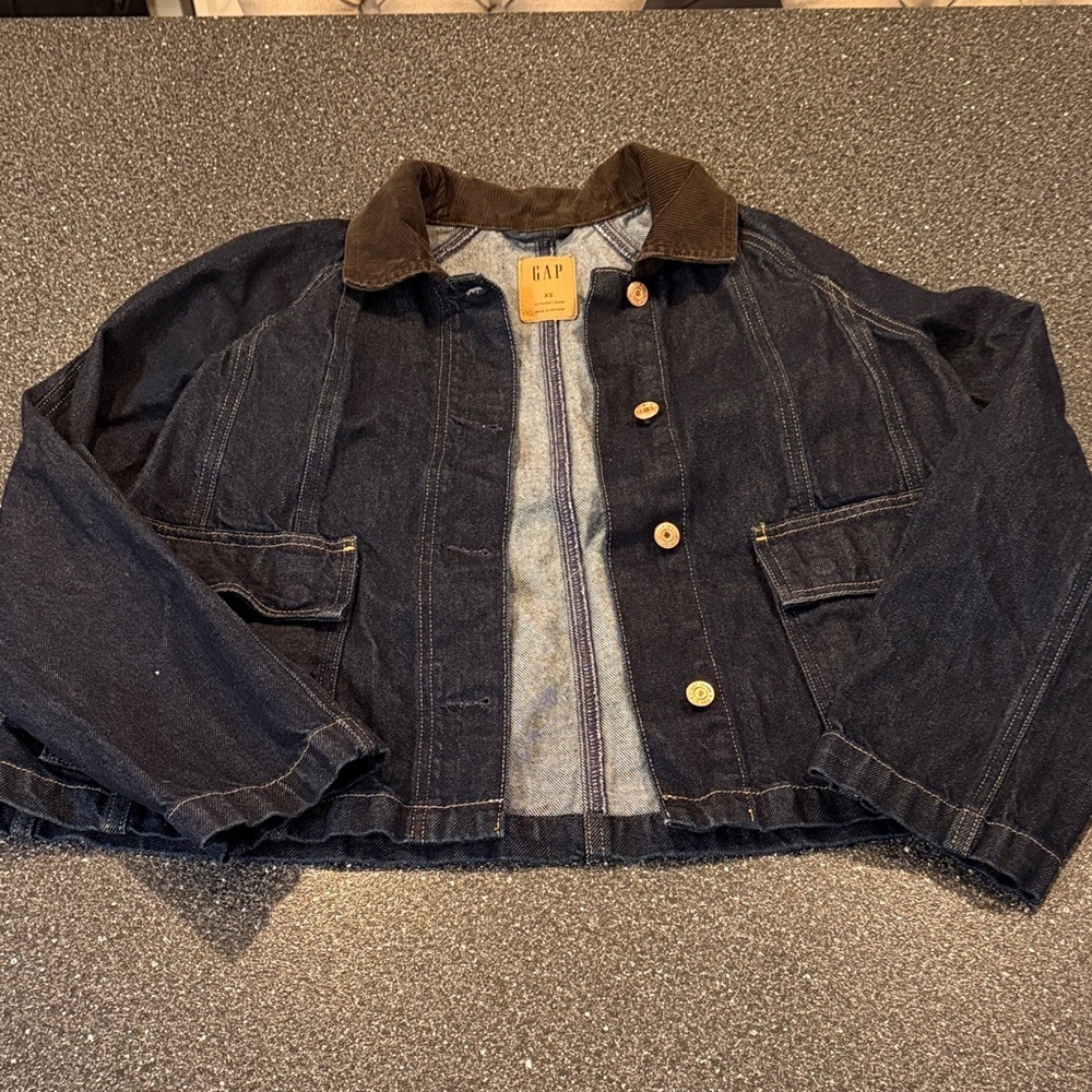 Gap UltraSoft Denim Swing Chore Jacket with Brown Collar - size XS